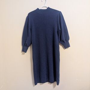 Contemporaine Simons Blue Merino Wool Knit Chic Dress Puff 3/4 Sleeve Sz S NWOT